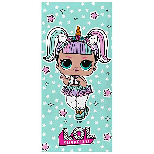 Grande serviette de plage L.O.L Doll licorne pour fille en matière coton turquoise