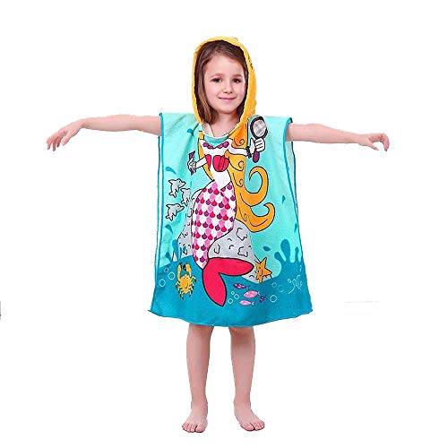 Serviette poncho sirène pour petite fille girly couleur bleue en coton