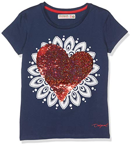 T-shirt Desigual pour fille avec coeur paillettes rouge et bleu marine