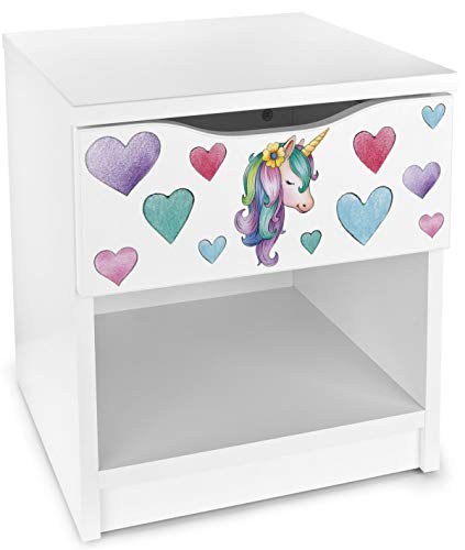 Table de chevet fille blanche avec licorne et motif coeurs multicolores