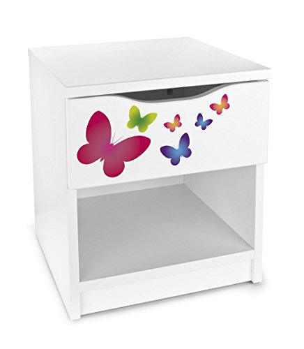 Table de chevet fille blanche avec motif papillons multicolores