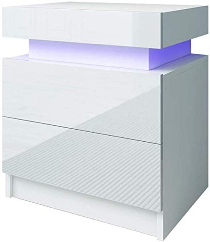 Table de chevet grise brillante au look moderne et futuriste avec lumière LED mauve pour chambre de fille 