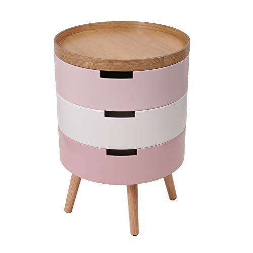 Table de chevet ronde pour fille, rose et originale sur pieds avec 3 tiroirs en bois et MDF