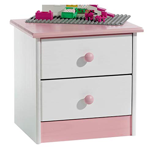 Table de chevet pour fille simple et bicolore blanche et rose en pin lasuré