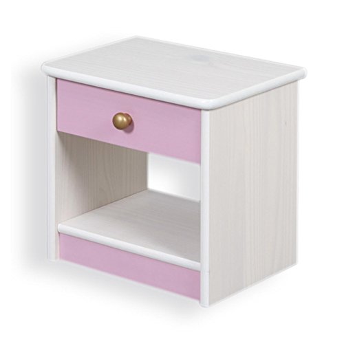 Table de chevet pour fille simple et bicolore grise et rose en pin lasuré