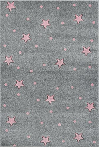 Tapis gris avec petites étoiles roses et pois roses en polypropylène avec label  petit prix