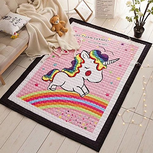 Tapis XXL rose avec licorne et arc en ciel 195 x145cm, 100% coton, idéal pour amortir les chutes car rembourré