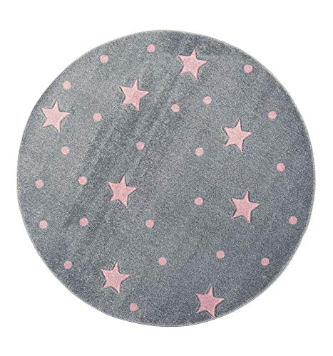 Tapis rond gris avec étoiles roses en polypropylène avec label petit prix