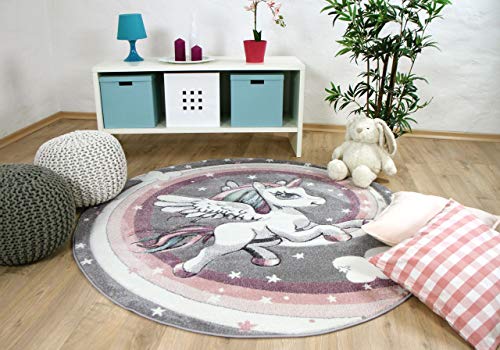 Tapis rose et gris rond avec licorne 100% Polypropylène Label de qualité Oeko-Tex Standard 100