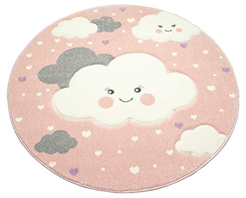 Tapis rond rose avec motif coeurs et gros nuage pour chambre de fille