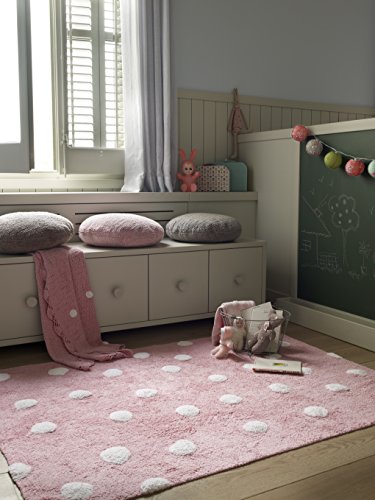 Tapis rose avec gros pois blancs pour chambre de fille gourmande 100% coton ecofriendly fait main