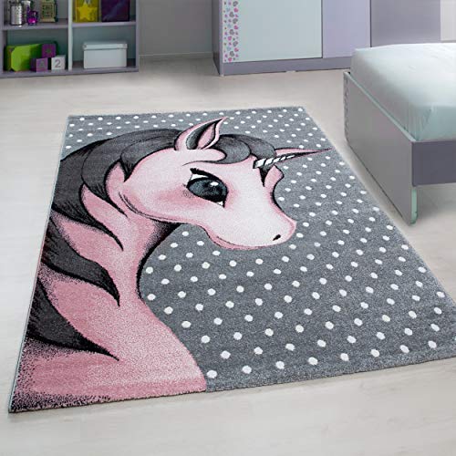 Tapis avec tête de licorne rose et fond gris 100% Polypropylène 160x230 cm tapis rose et gris XXL