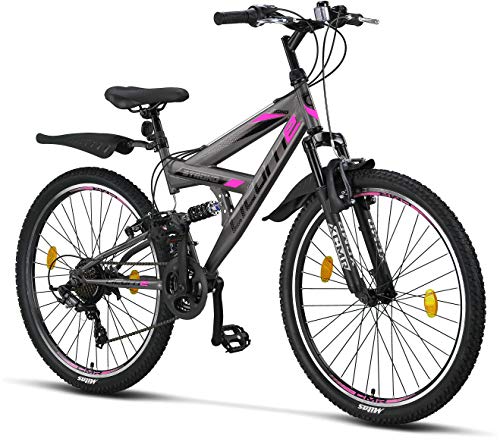 vélo VTT gris et rose en acier  pour fille taille 26 pouces, poids 17,4 kilos, Licorne Bike